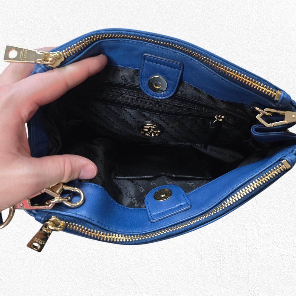 DKNY Blue Leather Crossbody Bag Adjustable Strap Gold Hardware Classic - Picture 10 of 16